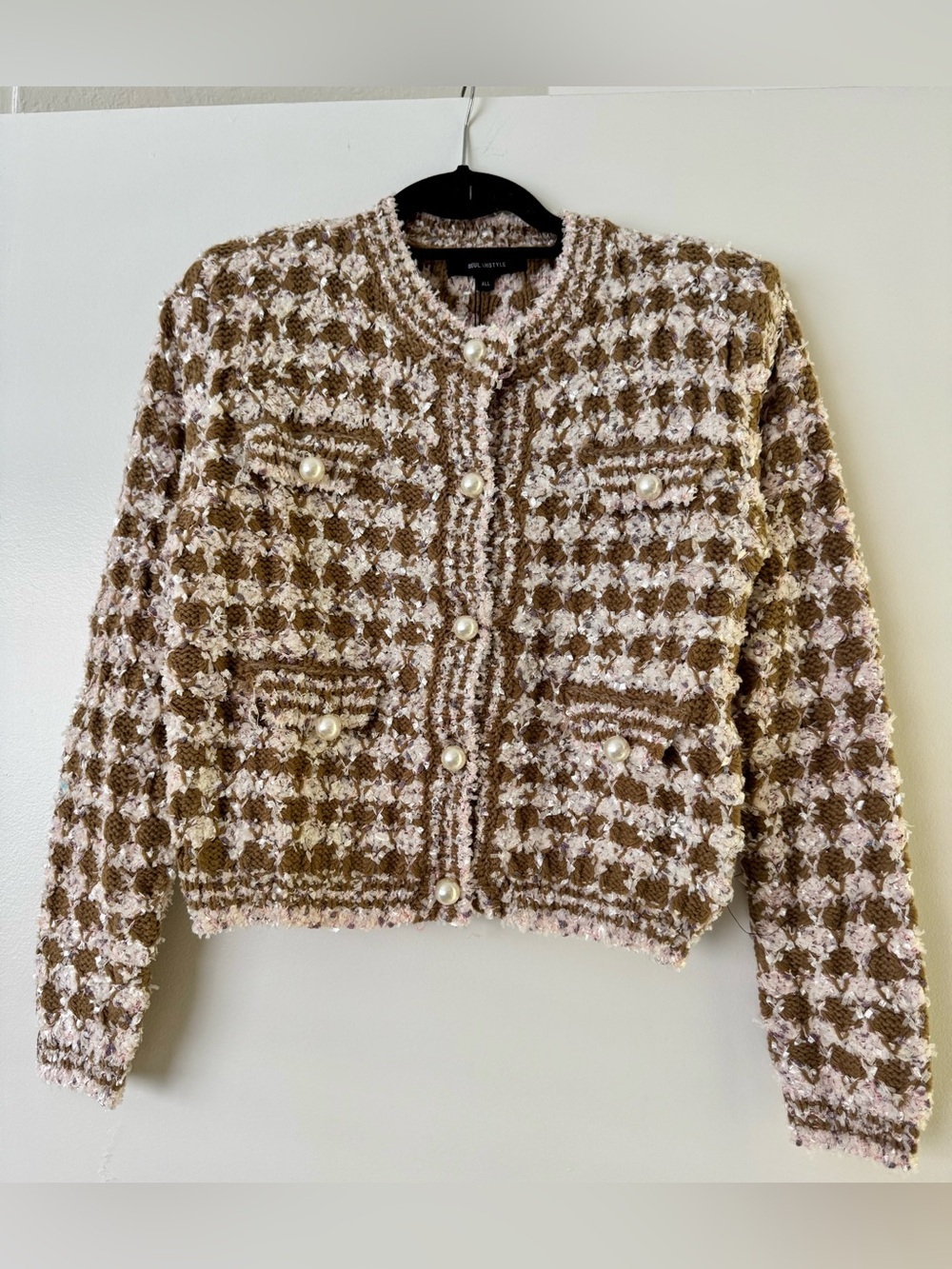 Beulah London Knit Pearl-Button Jacket - Brown & Cream